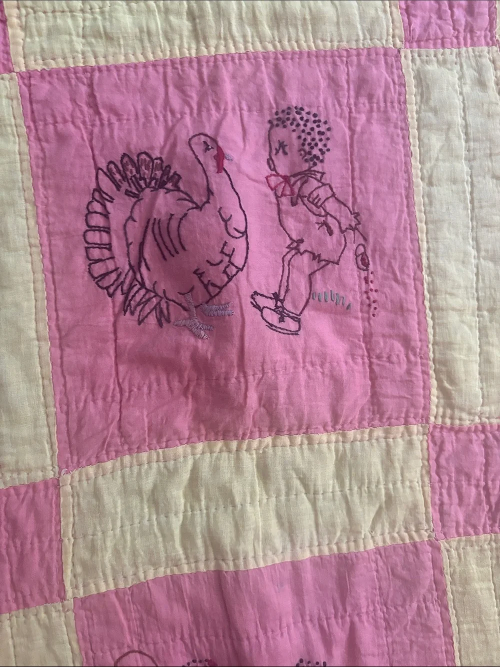 Vintage Pink and Yellow Patchwork Baby Quilt with Embroidered Design
